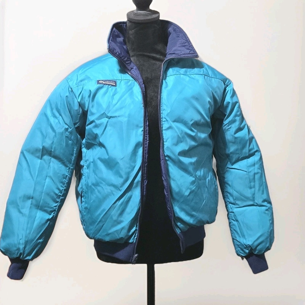 Vintage Columbia 90s Reversible Puffer Jacket Duck‎ Down Women's Sz L Teal Navy
